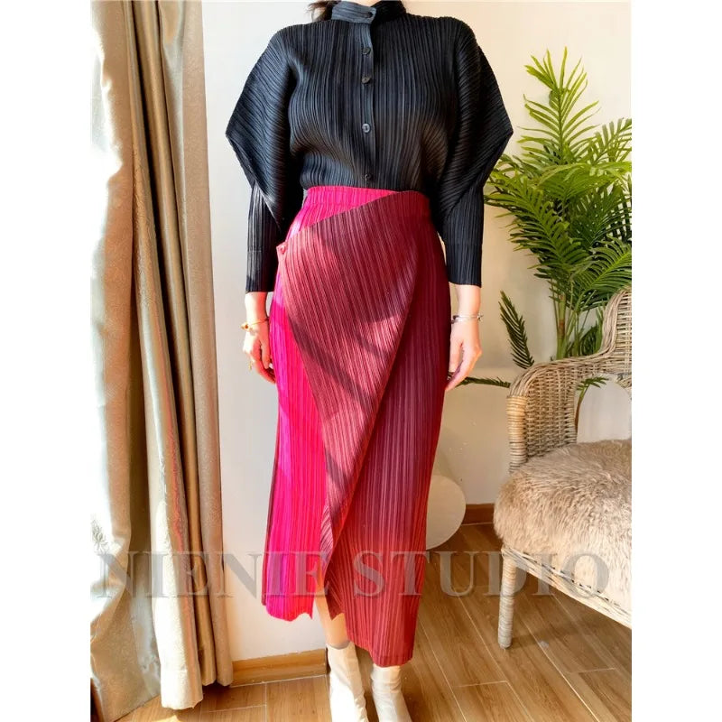 Miyake Pleated Skirt High Waist One Button Stitching Long Asymmetrical Skirt Two Piece Straight Korea Fashion Aesthetic Clothes