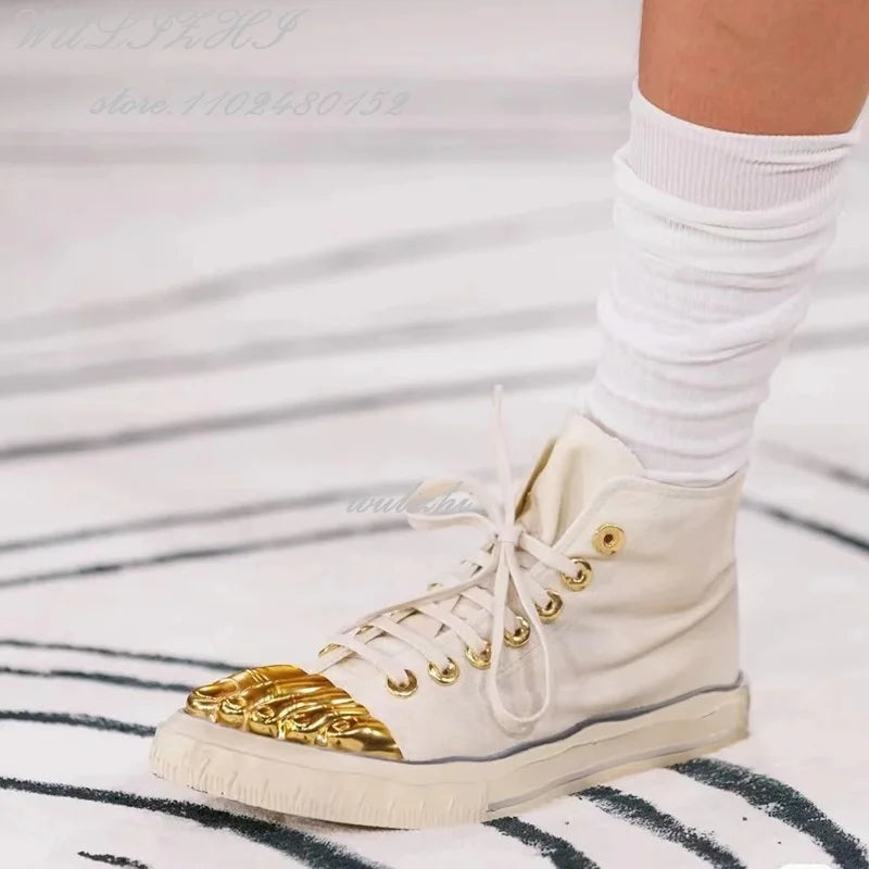 Gold Metal Glossy Five Finger Sneakers Women Lace Up Flats Sports Patchwork Casual Buckle Office Lady Design Catwalk Spring Shoe