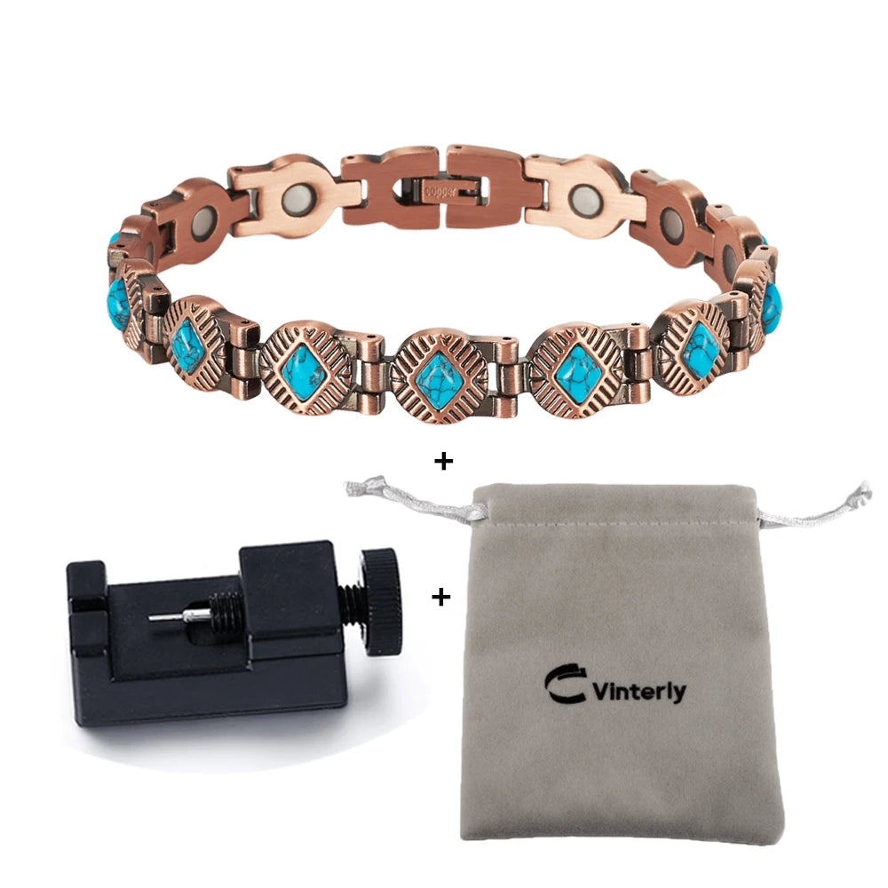 Vinterly Magnetic Bracelets Pure Copper Blue Brown Stone 22.5cm Vintage Health Energy High Magnet Jewelry Benefits Chain Links