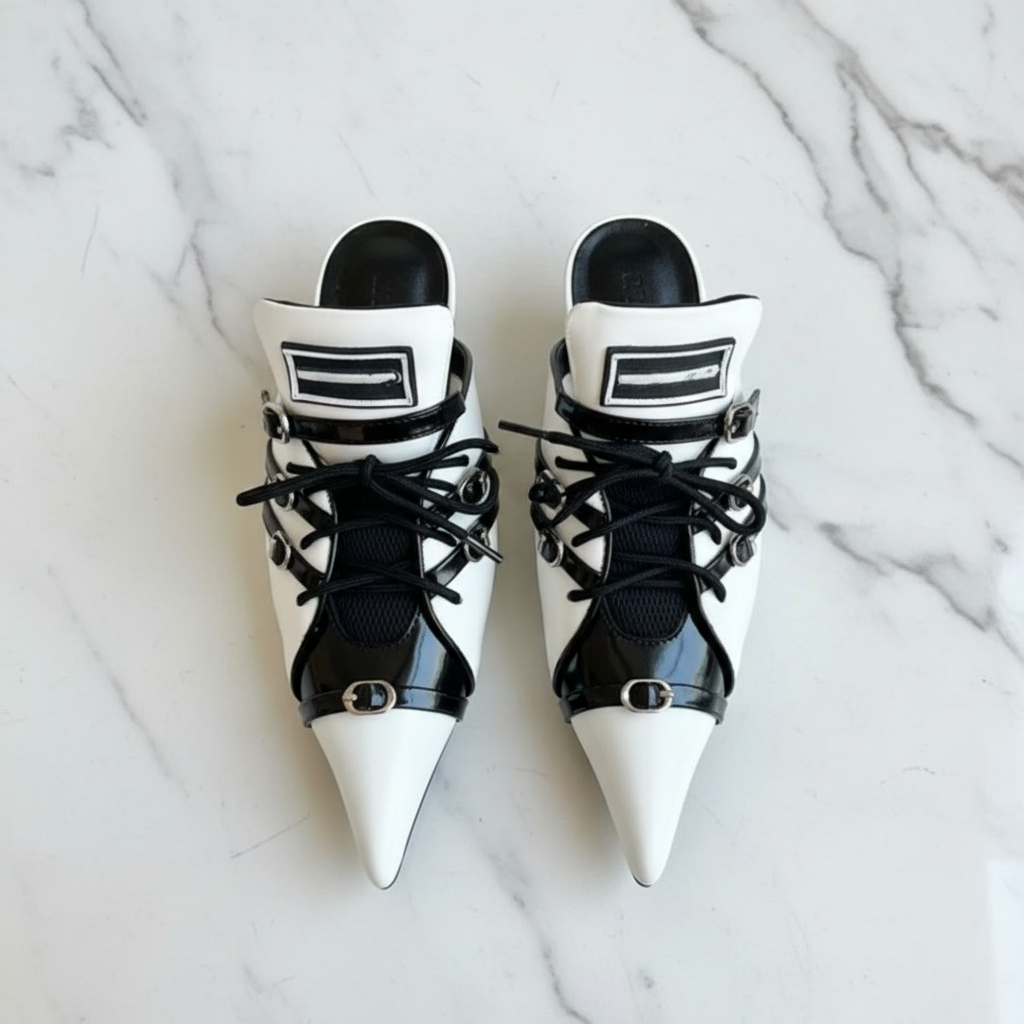 Red White Lace-Up Slingback Pumps Pointed Toe Thin Heel Buckle Women's Sandals 2024 Patchwork Mixed Color Party Shoes Luxury
