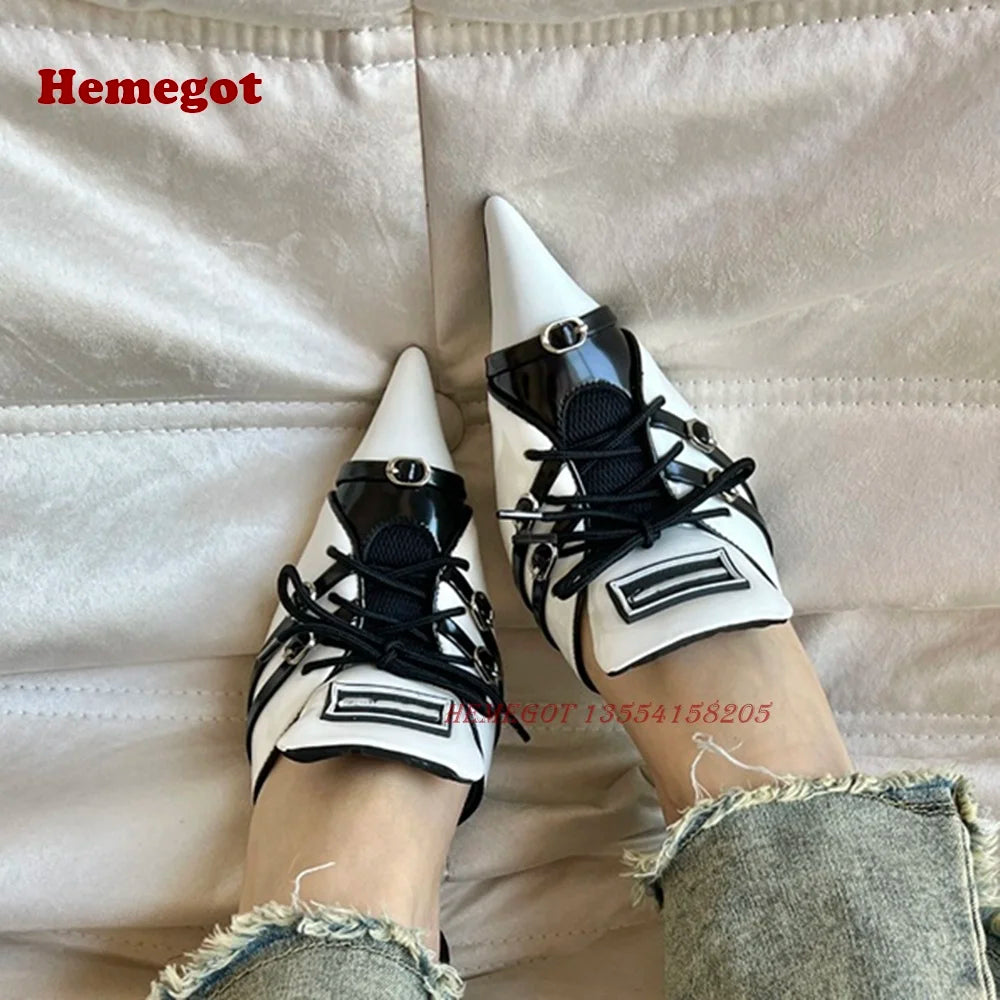 Red White Lace-Up Slingback Pumps Pointed Toe Thin Heel Buckle Women's Sandals 2024 Patchwork Mixed Color Party Shoes Luxury