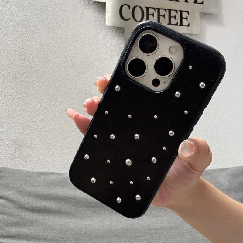 Chic iPhone case 17 16 15 14 Pro Max 17Air Case Fashion Advanced Black Leather Stereoscopic Small Round Bead Rivet Phone Cover