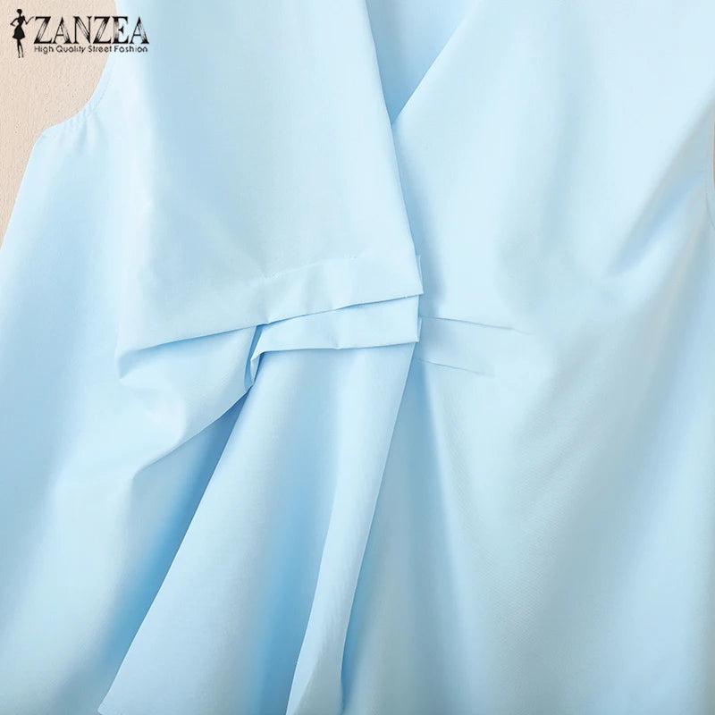 ZANZEA Trendy Pleated Design Women's Blue Tank Tops 2025 Summer Solid Color V-Neck Sleeveless Tops Streetwear 3 Colors S-3XL