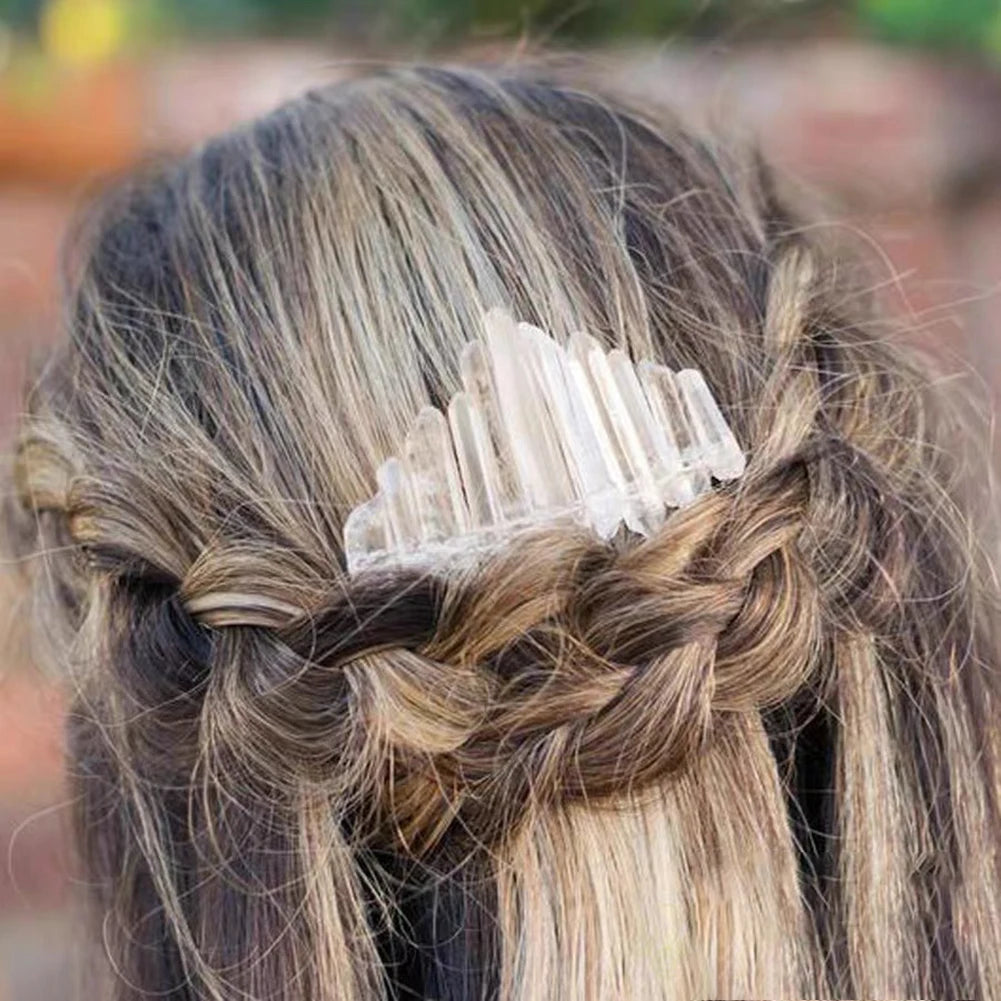 Natural Crystal Point Crown Hair Comb Transparent Quartz Crown Hair Band Bride Wedding Ornament Hairpin Craft Woman Jewelry