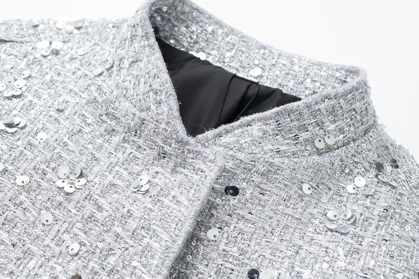 Women's Sequined Bomber Jacket Fall New Round Neck Long Sleeve Pocket Stretch Hem Sequins Jacket Coat Female Chic Outerwear