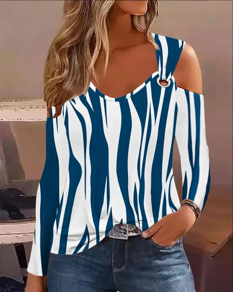 Womens Floral Print Cold Shoulder Long Sleeve Top Ring Strap V Neck Loose Casual Daily Commute Fashion Blouse