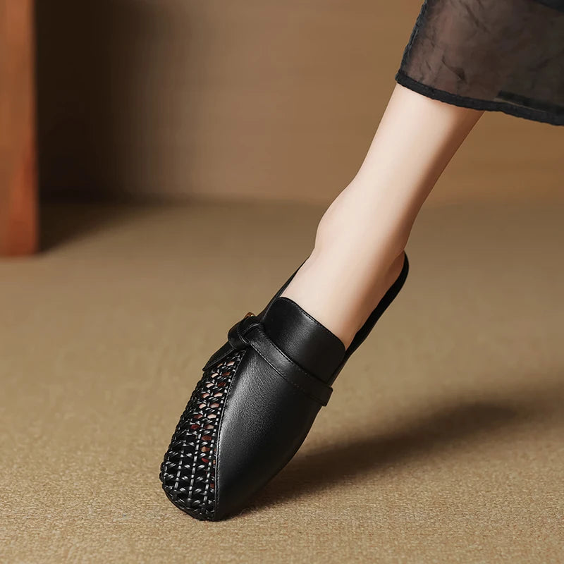 Dilalula 2025 Genuine Leather Hollow Women Mules Covered Toe Low Thick Heels Casual Slippers Ladies Summer Walk Belt Mesh Slides