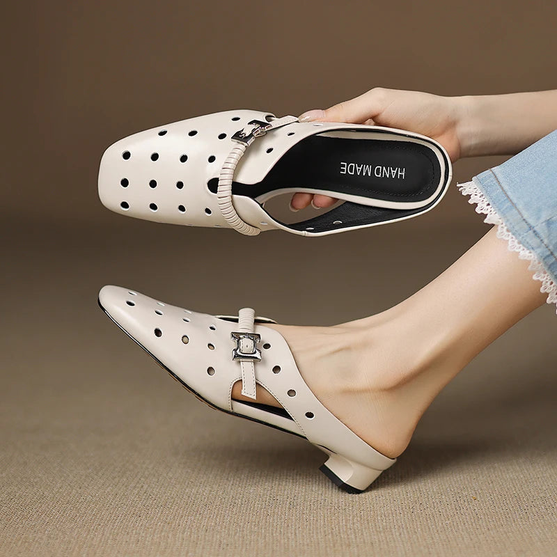 Genuine Leather Hollow Slippers Women Covered Toe Thick Heels Dating Buckle Mules Ladies Summer Leisure Slippers