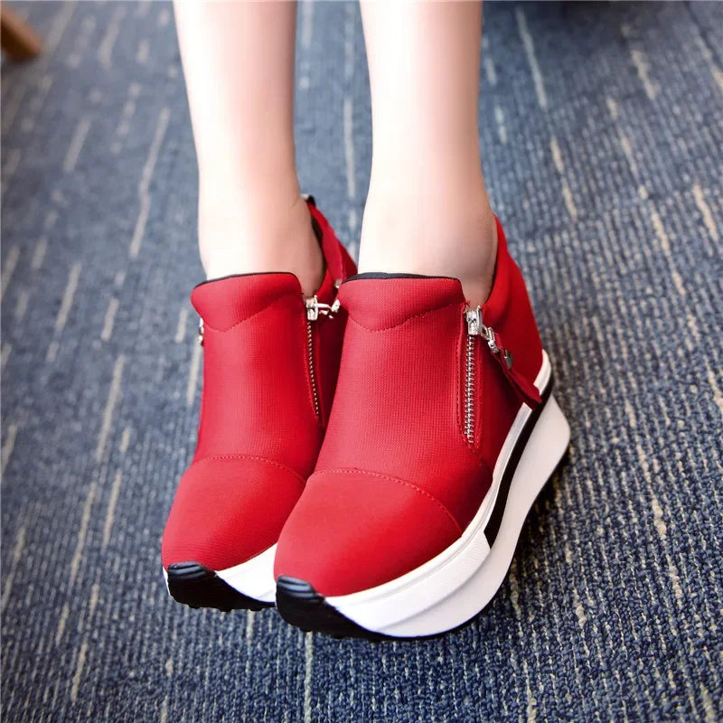 2024 Platform Sneakers Women Red Casual Comfortable Hidden Heel Shoe Black Canvas Shoes Wedge Heels Sneaker Tenis De Mujer
