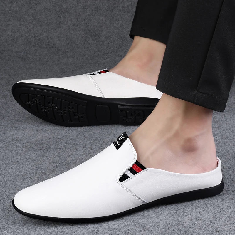 Men's Leather Black Half Leather Shoes Fashion Non-slip Half Trailer Men Sandals Moccasin Breathable Soft Flats Men Driving Shoe