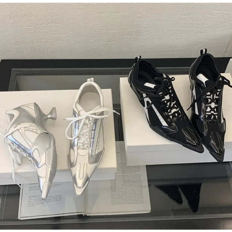 Sport Style Fashion Mixed-color Pointed toe Women Pumps Spring Autumn Breathable Mesh Strange High heels Casual Sneakers Shoes