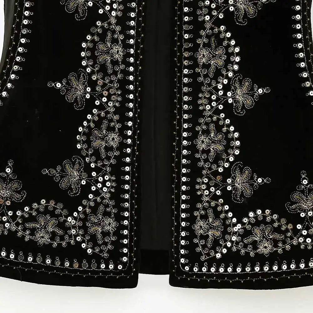 Women Fashion With Sequin Floral Embroidery Crop Waistcoat Vintage O Neck Sleeveless Female Outerwear Chic Vest Tops