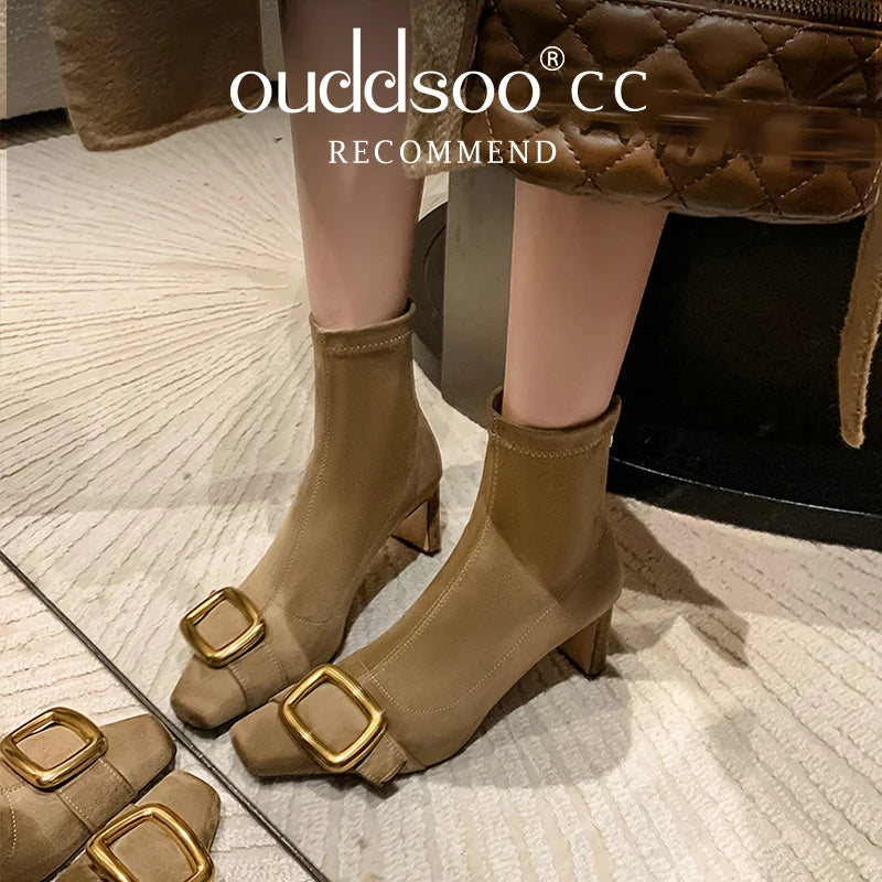 Ods Personalized Low-heeled Fashion Boots for Fall/winter New Pointed Metal Square Buckle Back Zipper Stretch Thin Ankle Boots42