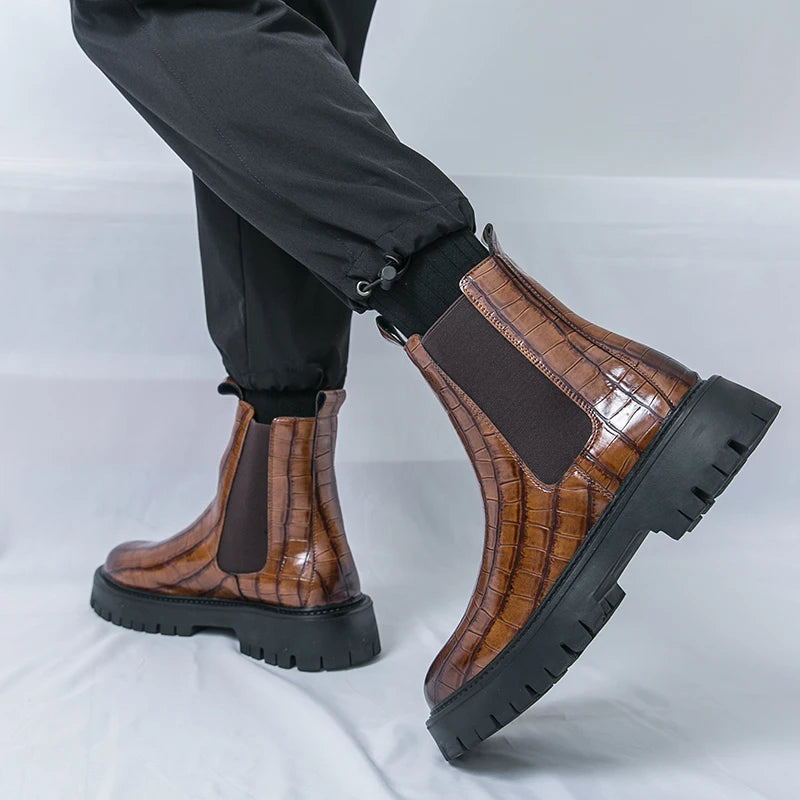 2025 Fashion Brand Men's Comfortable Fit Thick Soled Chimney Boots Autumn New High Top Chelsea Boots Plus Large Workwear Boots