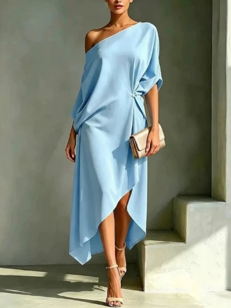 Elegant Off Shoulder Half Sleeve Dress Women Summer Batwing Sleeves Irregular Button Design Vintage Casual Holiday Beach Dresses