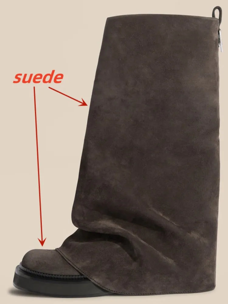 Women's Chunky Leather Flats & Knee Boots - Square Toe Loose Fit Spring-Autumn Casual Shoes with Pleated Pants