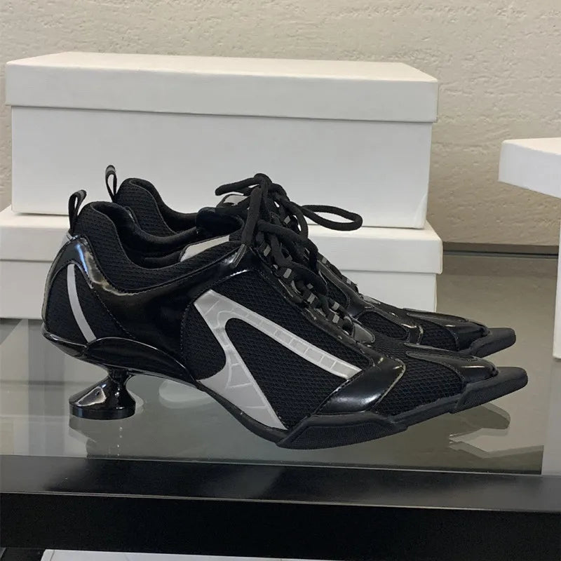 Sport Style Fashion Mixed-color Pointed toe Women Pumps Spring Autumn Breathable Mesh Strange High heels Casual Sneakers Shoes