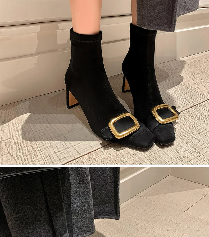 Ods Personalized Low-heeled Fashion Boots for Fall/winter New Pointed Metal Square Buckle Back Zipper Stretch Thin Ankle Boots42
