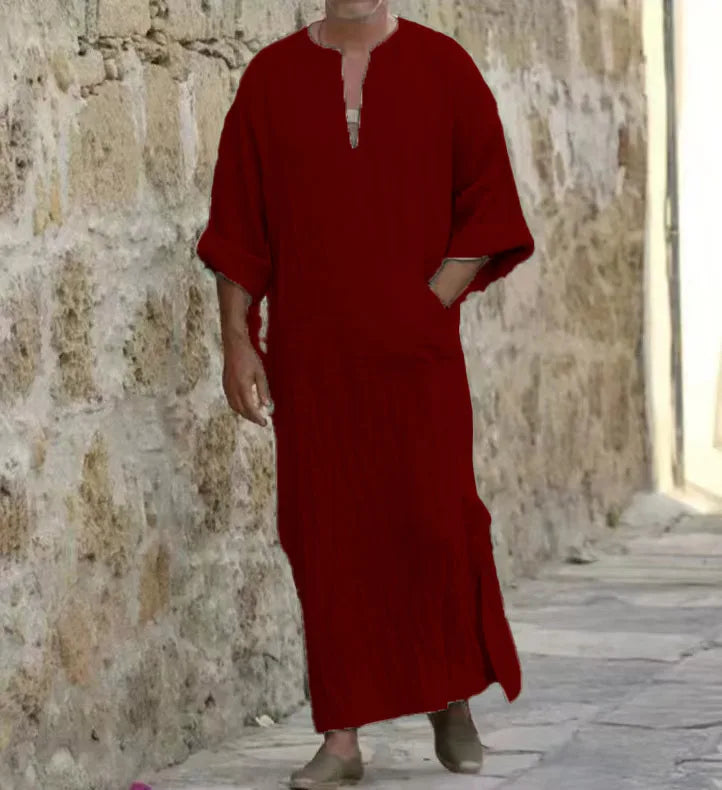 New 2026 Men Cotton Linen Long T-shirts Muslim Solid Casual Abayas Men Jubba Thobe Kaftan Arab Islamic V-neck Long Sleeve Robes