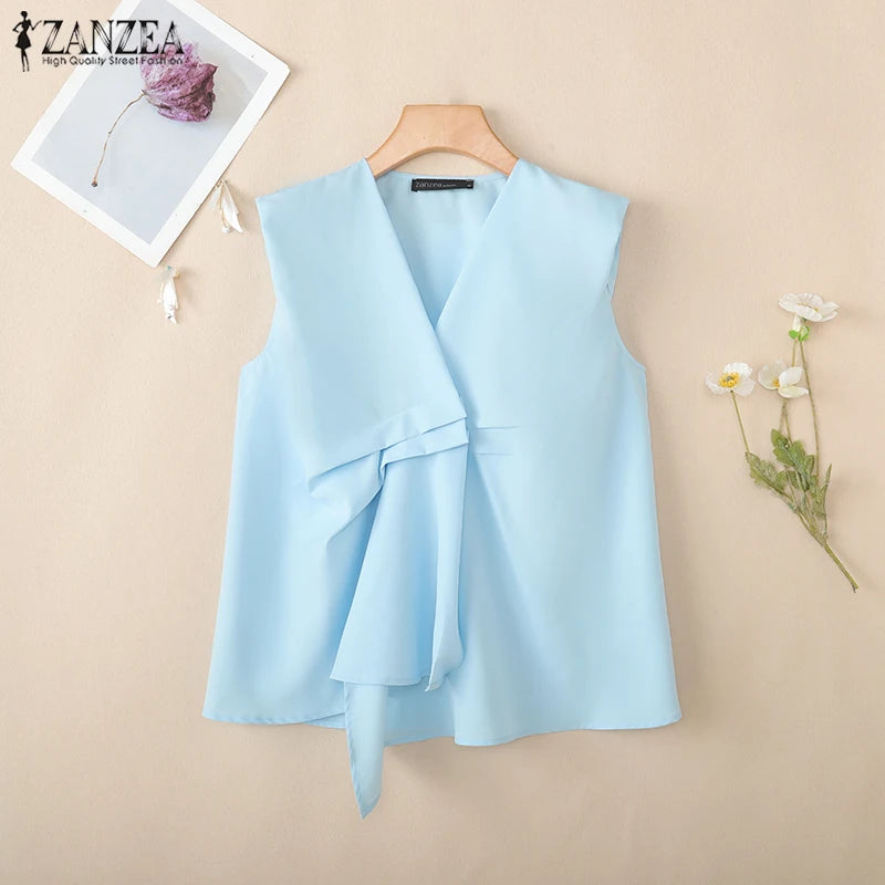 ZANZEA Trendy Pleated Design Women's Blue Tank Tops 2025 Summer Solid Color V-Neck Sleeveless Tops Streetwear 3 Colors S-3XL
