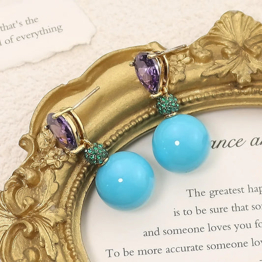 Elegant Purple Turquoise Zirconia Stud Earrings Fashionable Stylish Versatile High-End Feelings Bright Zircon Ear Jewelry