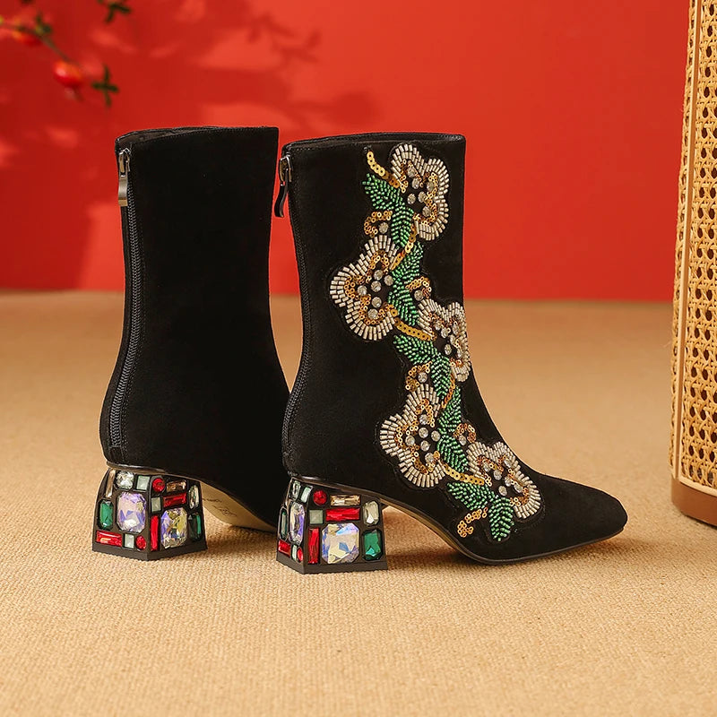 Dilalula 2026 Genuine Cow Suede Ethic Ankle Boots Women Square Toe Crystal Heel Embroider Short Boots Female Beads Dec Footwear