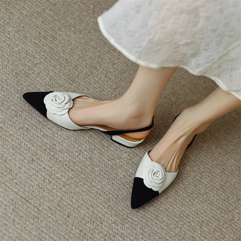 Dilalula Summer Genuine Leather Covered Toe Flower Sandals Ladies Sweet Low Thick Heels Elegant Flower Mixed Color Dress Shoes