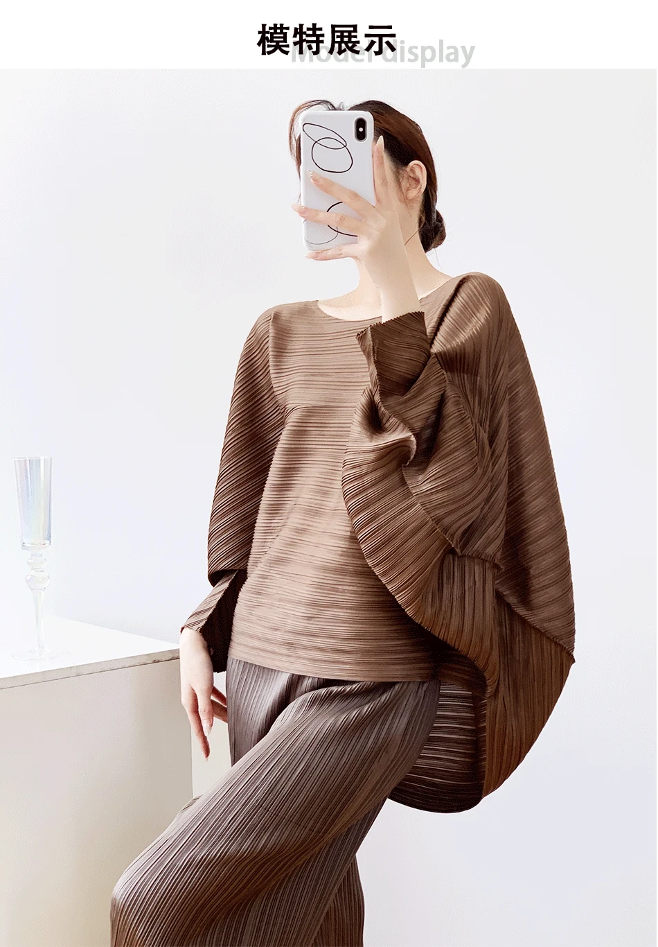 Miyake Style Pleated Top for Women 2025 New Solid Color Loose Round Neck Bat Sleeve Lazy High-end T-shirt for Women