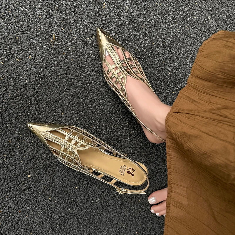 Sexy Real Leather Sandals Women Covered Metal Head Toe Narrow Band Sandals Ladies Party Dating Summer Med Heels