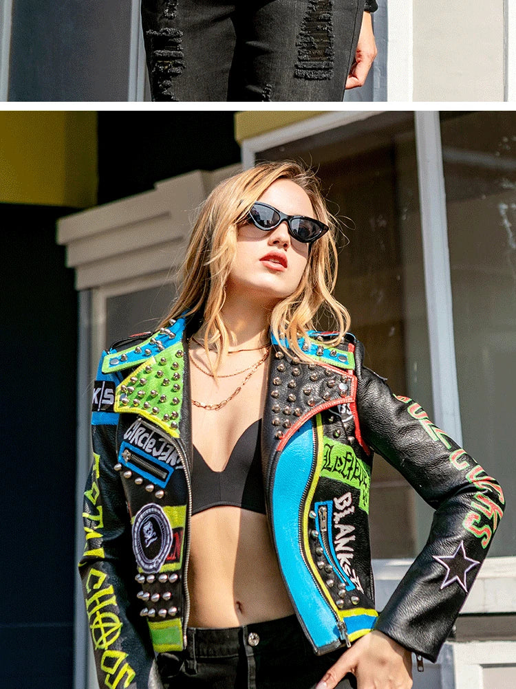 Candy Punk Streetwear Motorcycle Leather Jackets Women 2025 Trend Contrast Color Print Short Punk Studded Faux Leather Biker Jacket