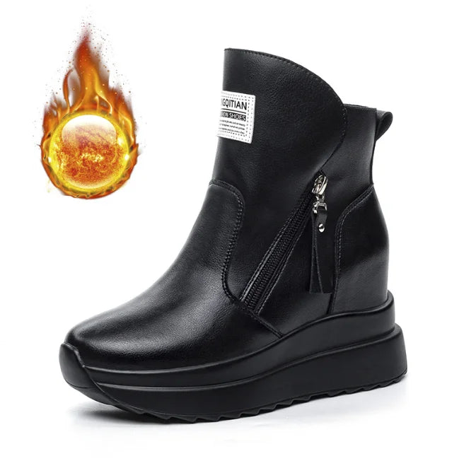 9cm White Black Women Ankle Boots Platform Wedge Heel Booties Shoes Microfiber Leather Spring Winter Fashion Sneakers High Top