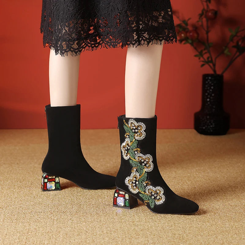 Dilalula 2026 Genuine Cow Suede Ethic Ankle Boots Women Square Toe Crystal Heel Embroider Short Boots Female Beads Dec Footwear
