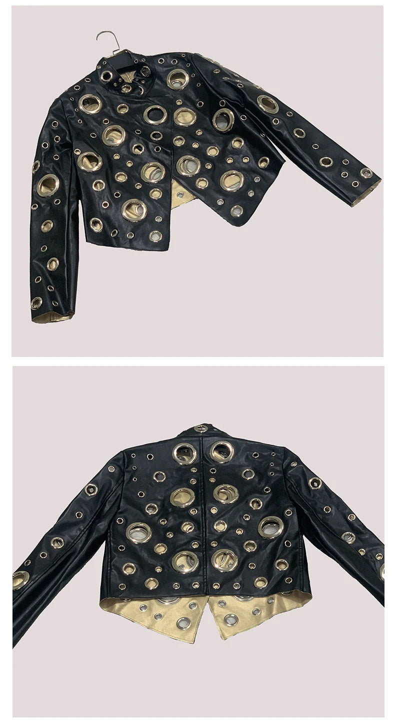 Mauroicardi Spring Short Hollow Out Patchwork Short Pu Leather Jacket Women Cool Luxury Designer European Style Clothes Fashion