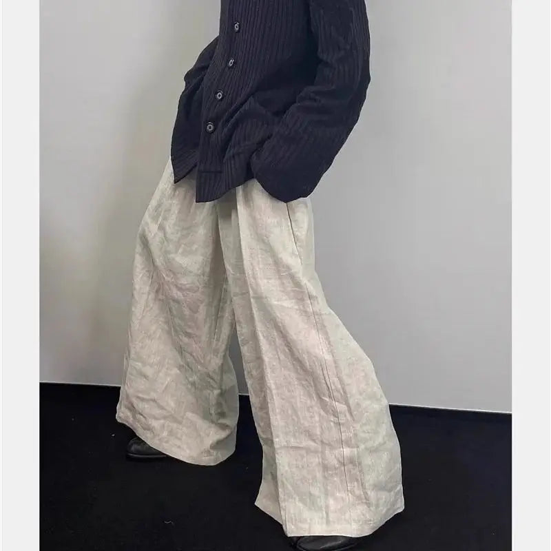 Limiguyue Japanese Cotton Linen Wide Leg Pants Women Irregular Waist Summer Pants One Button Loose Pleated Full Trousers F157