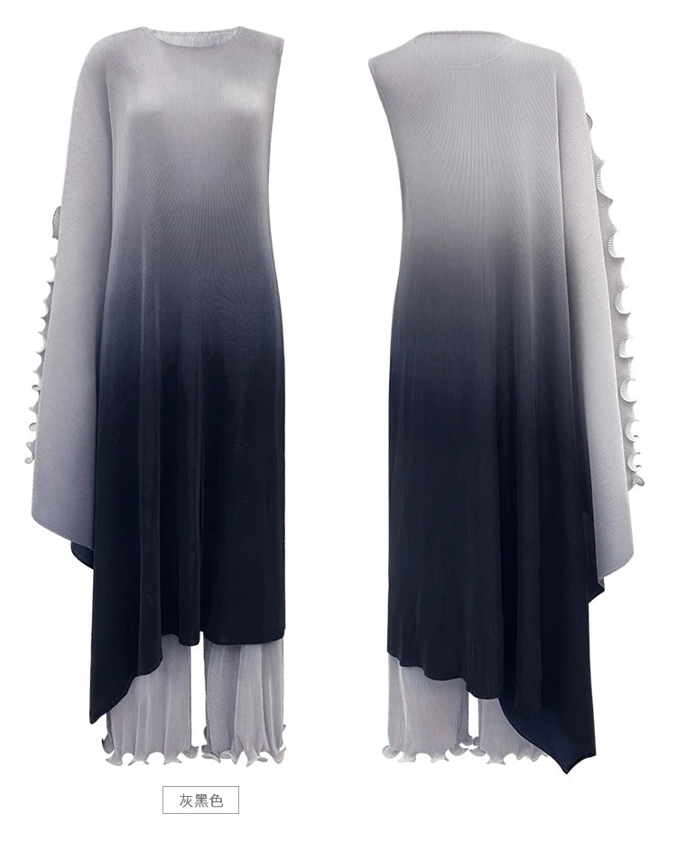 Miyake style  Pleated Bat Raglan Sleeve Irregular Dress Set Women 2025 New Fashion Original Designer Gradient Printing Two Piece Sets