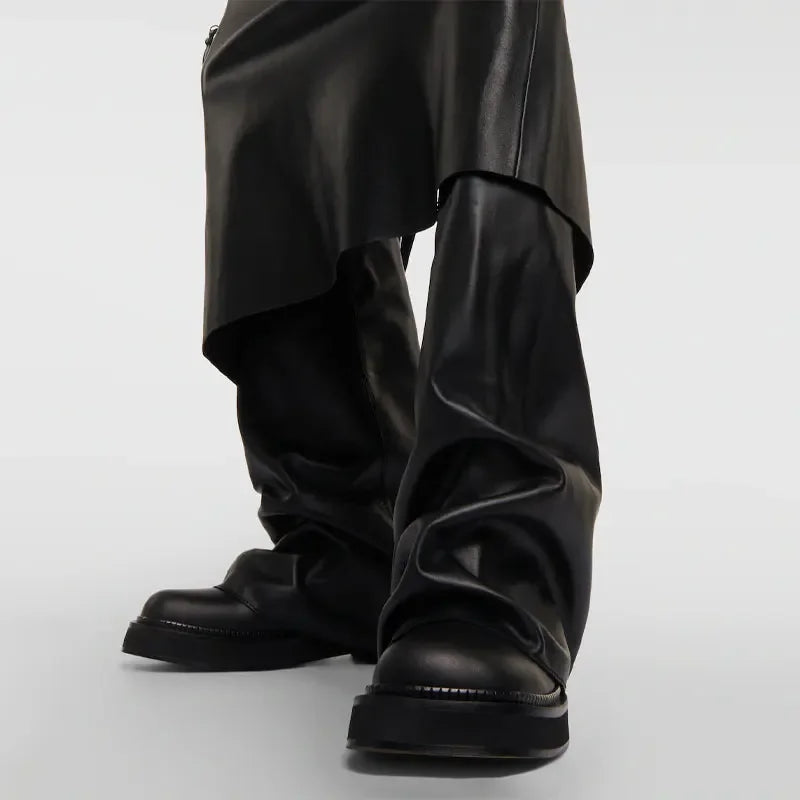Women's Chunky Leather Flats & Knee Boots - Square Toe Loose Fit Spring-Autumn Casual Shoes with Pleated Pants