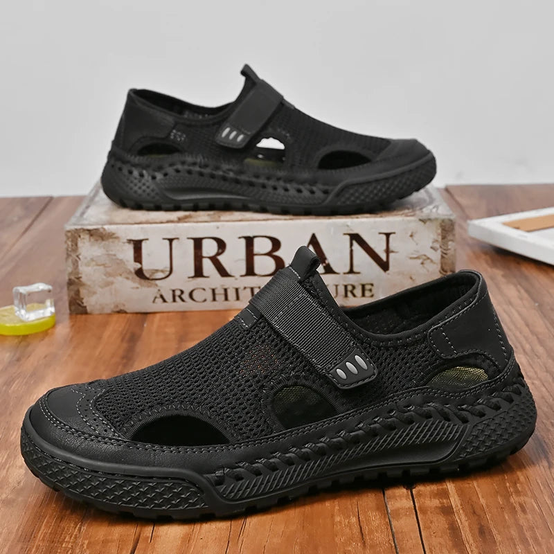 Brand Mesh Leather Men Summer Loafers Breathable Driving Shoes Moccasins Hollow Out Male Cool Lazy Shoe Leisure Walk Men Sandals