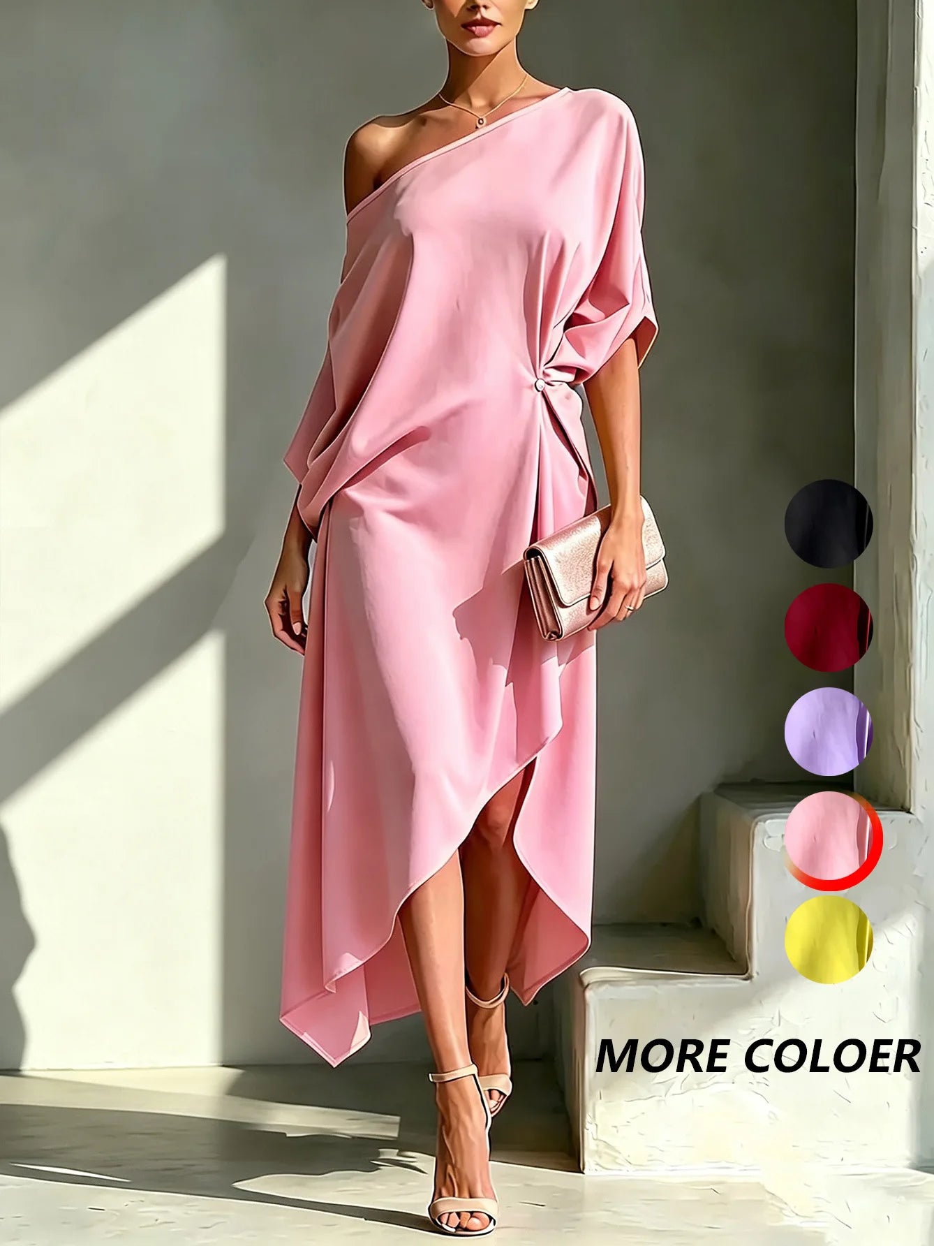 Elegant Off Shoulder Half Sleeve Dress Women Summer Batwing Sleeves Irregular Button Design Vintage Casual Holiday Beach Dresses
