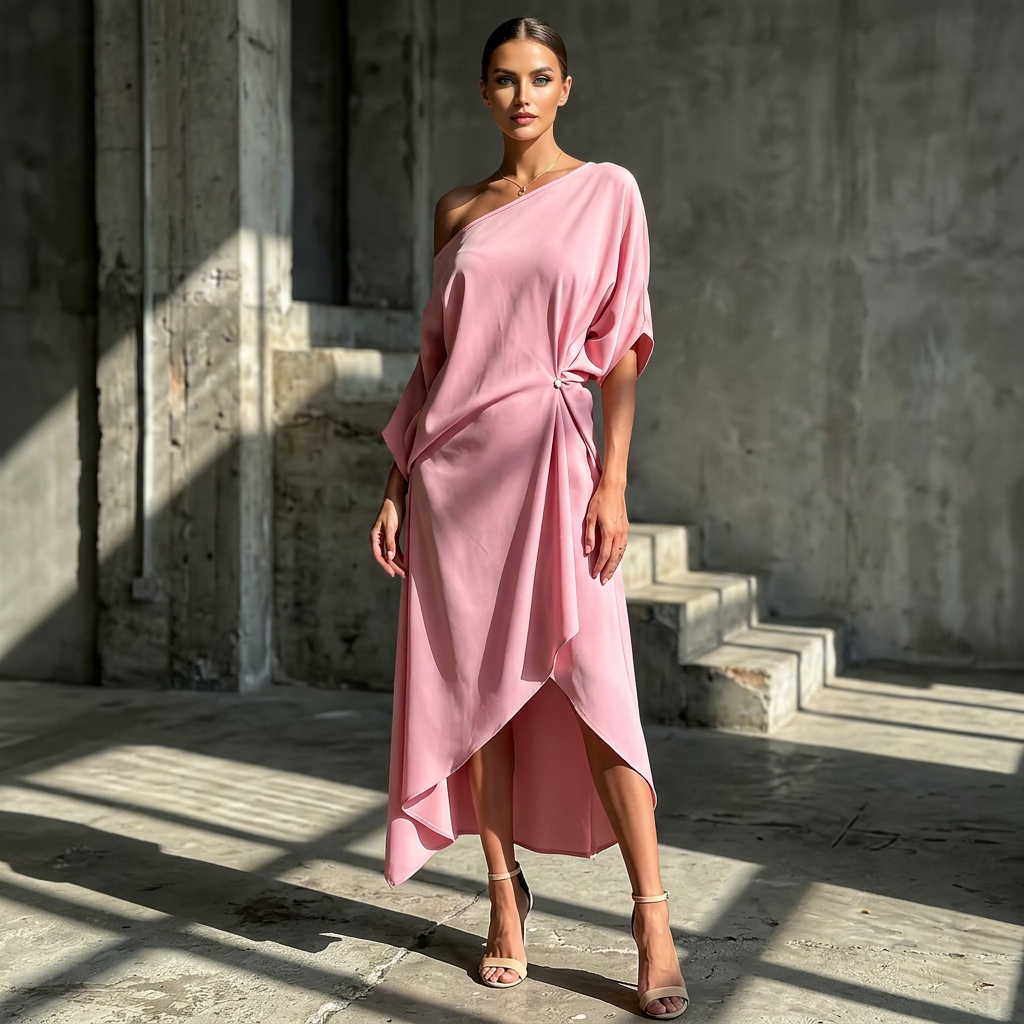 Elegant Off Shoulder Half Sleeve Dress Women Summer Batwing Sleeves Irregular Button Design Vintage Casual Holiday Beach Dresses