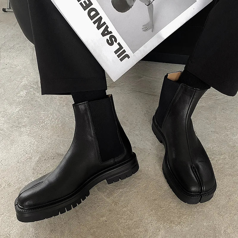 Genuine leather Split-toed Boots Mid-tube Chelsea Boots Men's and Women's Couples High-top Set of Split-toed Leather Shoes