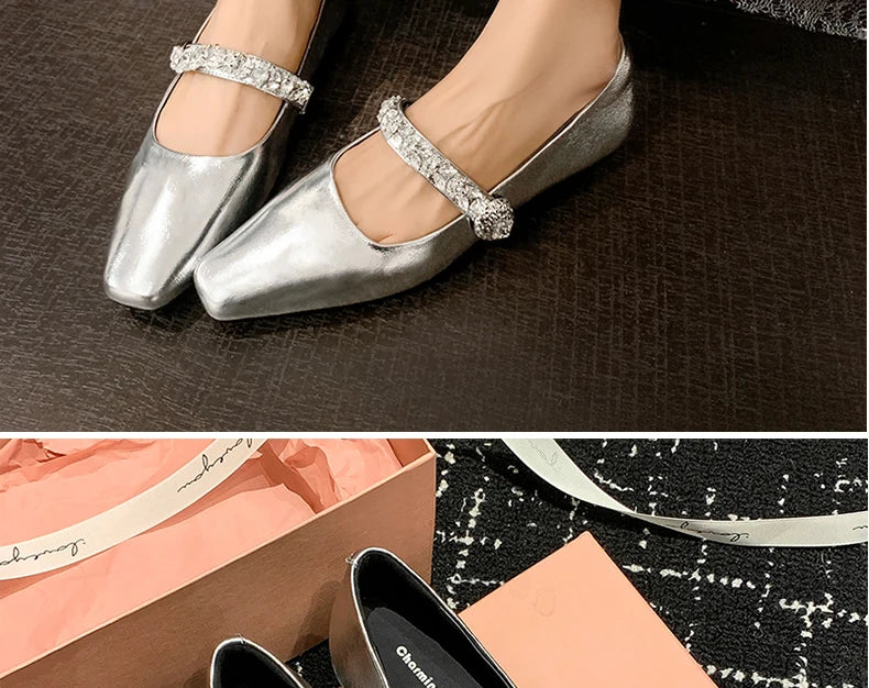 Ods Women Crystal Mules Flats Slippers Designer Sandals 2025 Dress Square-toe Leather Slides Summer Slingback Buckle De Mujer