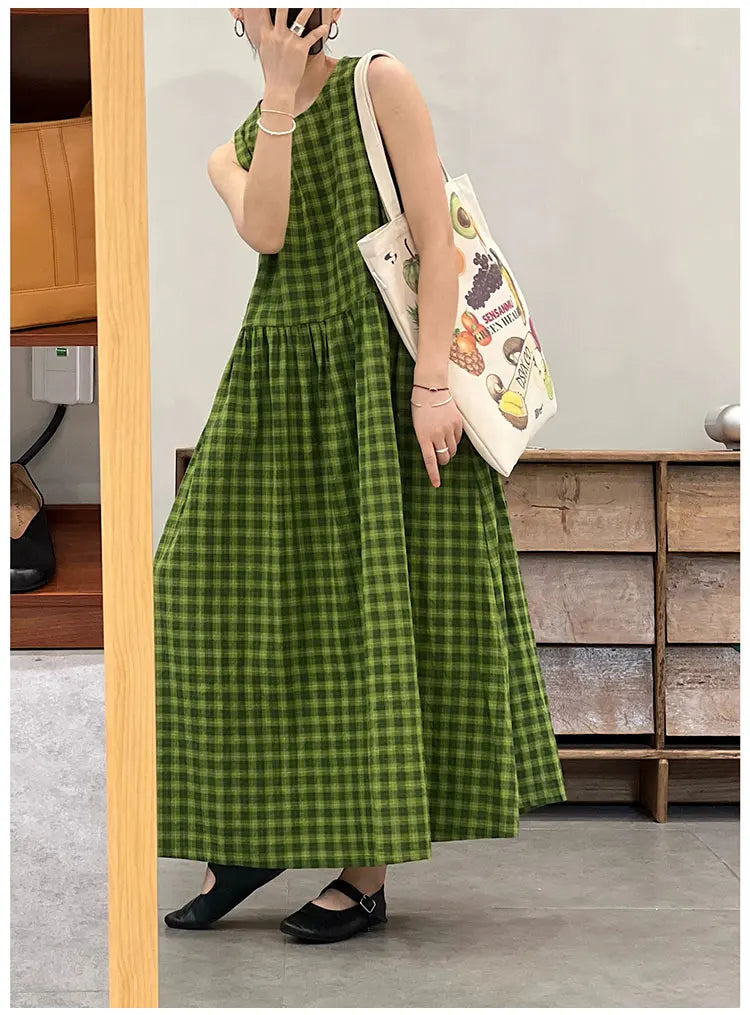 Slimming Plaid Cotton Lin Svel Long Dr Women's plus Size Dstring Waist round Ne Vest Skirt Commute Sle Summer...