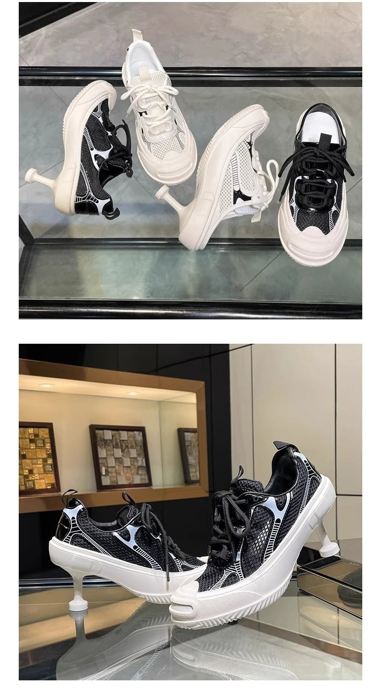 Summer Adult Girls High Heeled Dad Shoes Women Spring Versatile Breathable Lace up Casual Shoes Fashion Sports Mesh High Heels