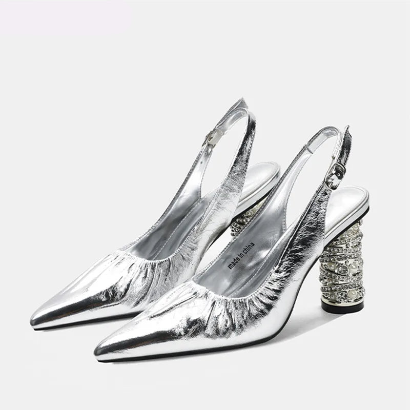 Luxury Pearls Rhinestones Genuine Leather Women Pumps Elegant Pointed toe Pleated Slingbacks High heels Female Party Dress Shoes