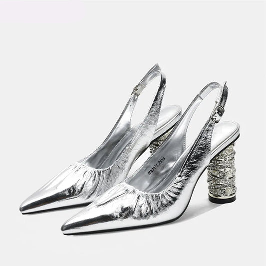 Luxury Pearls Rhinestones Genuine Leather Women Pumps Elegant Pointed toe Pleated Slingbacks High heels Female Party Dress Shoes