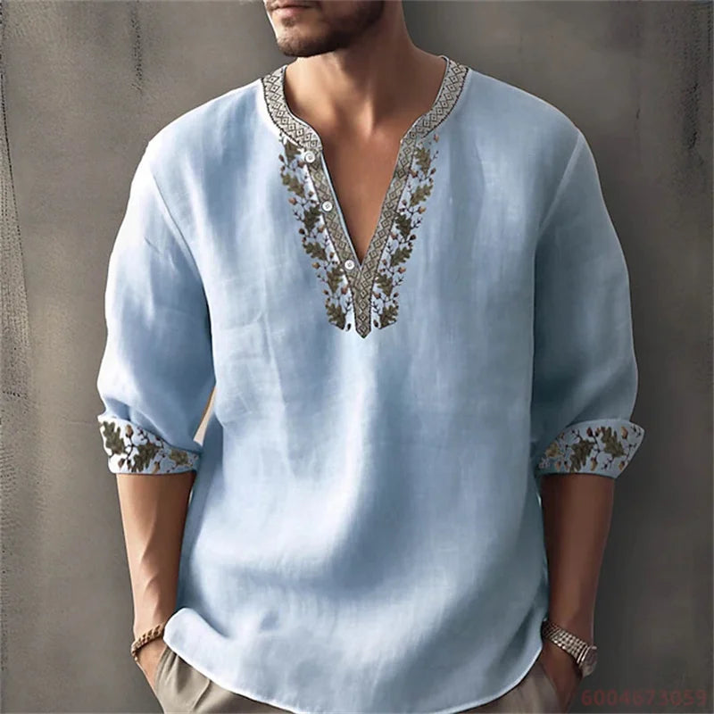 2026 Summer New Men's Fashion Printed Shirt, Henley Collar, Long Sleeve, Ethnic Style, Loose Fit, Breathable, Casual Men's Top