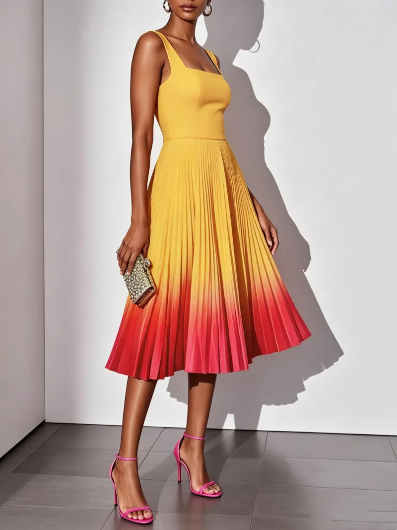 Women Sleeveless Square Neck Ombre Pleated Midi Dress High Waist A Line Party Skirt