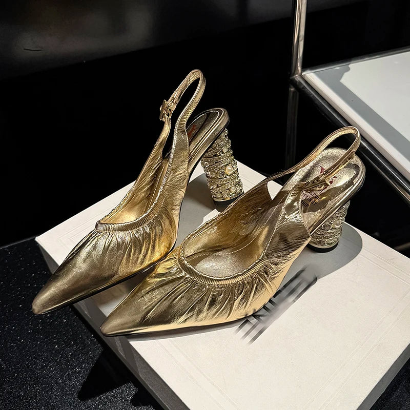 Genuine Leather Pleated Sandals Women Sexy Covered Toe Beads Decoration High Heels Ladies Party Dating Shoes