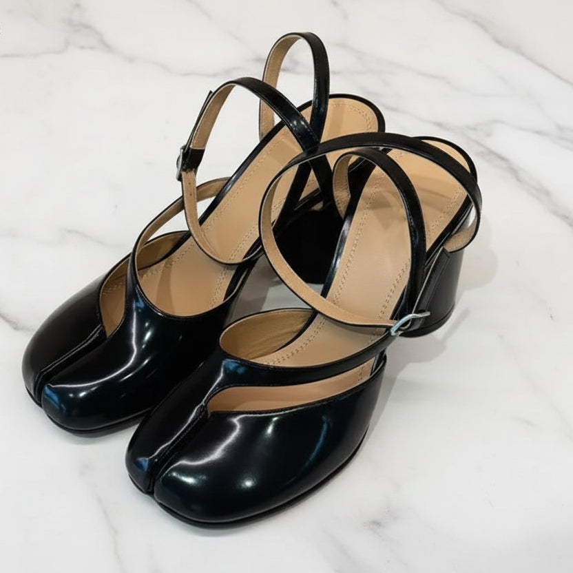 Ins style Fashion Patent Leather Split Toe Women Pumps Spring Summer Thick High heels Slingbacks Female Tabi Chunky Casual Shoes