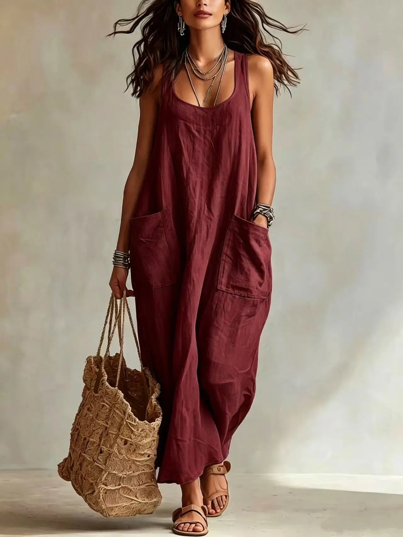 Women's Cotton Linen Square Neck Maxi Dress with Pockets Spaghetti Strap Sleeveless Loose Vacation Beach Long Sundress S-2XL